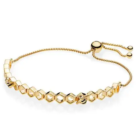 Подлинный 925 пробы серебряный браслет золотого цвета с сияющей Пчелой и сотами Регулировка браслета подходит для шарма из бисера модное ювелирное изделие