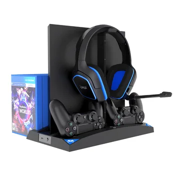 

LED Vertical Headset Stand Cooling Fan Dual Controller Charger Dock Charging Station Game Disc Storage for PS 4/Slim/Pro Console