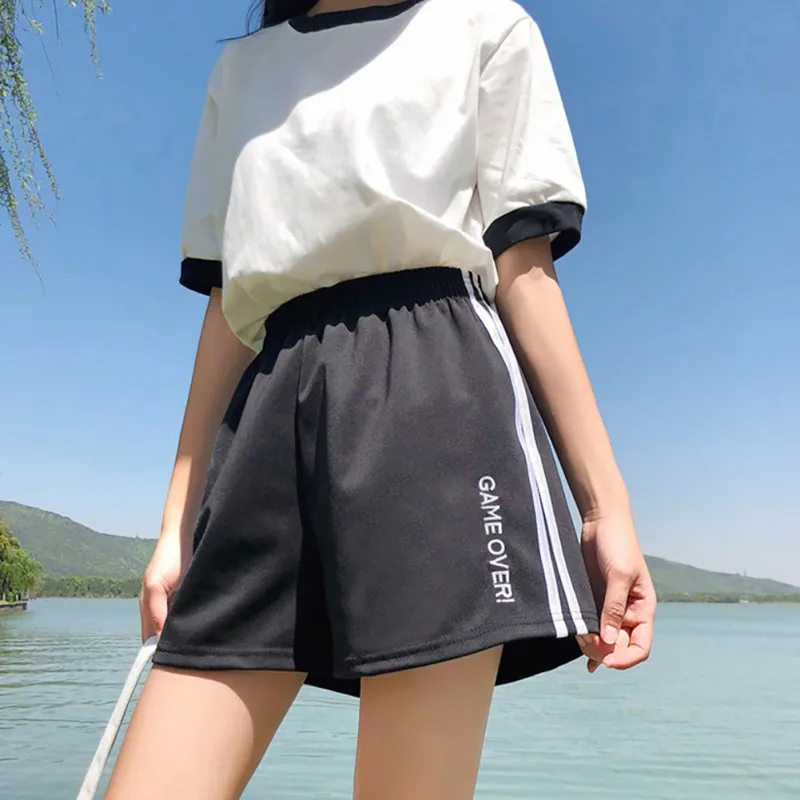 

2019 Women's Beach Wide Leg Shorts Flare Style Elastic High Waist Striped & Letter Print Summer Casual Loose Hot Shorts