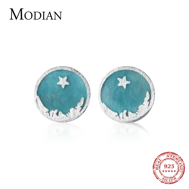 

MODIAN Bule Enamel Starry Sky Ear Pin for Women Pure 925 Sterling Silver Simple Anti allergy Stud Eareing Fine Jewelry Kids Gift