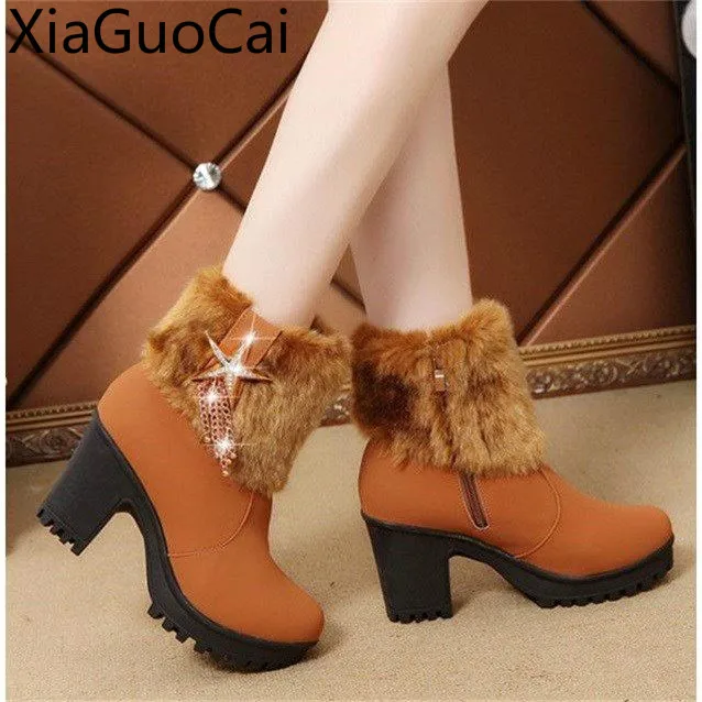 Tacones altos de piel para mujer, botas de nieve cálidas de tacón alto, botas de invierno de goma con cremallera