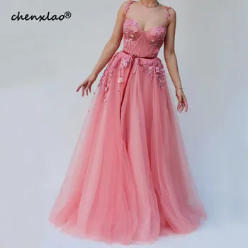 

Pink Evening Dresses Long Sheers A-Line Spaghetti Strap 3D Flower Evening Dress Floor Length Evening Dresses robe de soiree