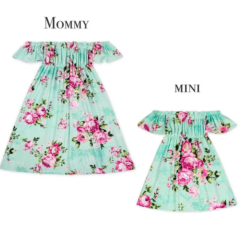

Mom and Daughter Matching Clothes Family Look Short Sleeve Folral Print Dress Off Shoulder Baby Girl's Clothes Mommy Me Dress