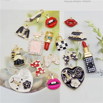 

16pcs Mixed Enamel Women Dress Lipstick Shoes Perfume Bottle Charms Female Supplies Pendant for Bracelet Jewelry DIY Accessory