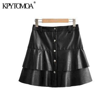 

Vintage Stylish PU Faux Leather Ruffles Mini Skirt Women 2020 Fashion A Line Buttoned Female Skirts Chic Faldas Mujer