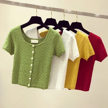 

Female Knitted T Shirt Solid Color Tee Women's Casual Square Collar Short Sleeve Hollow Out T-Shirt With Buttons