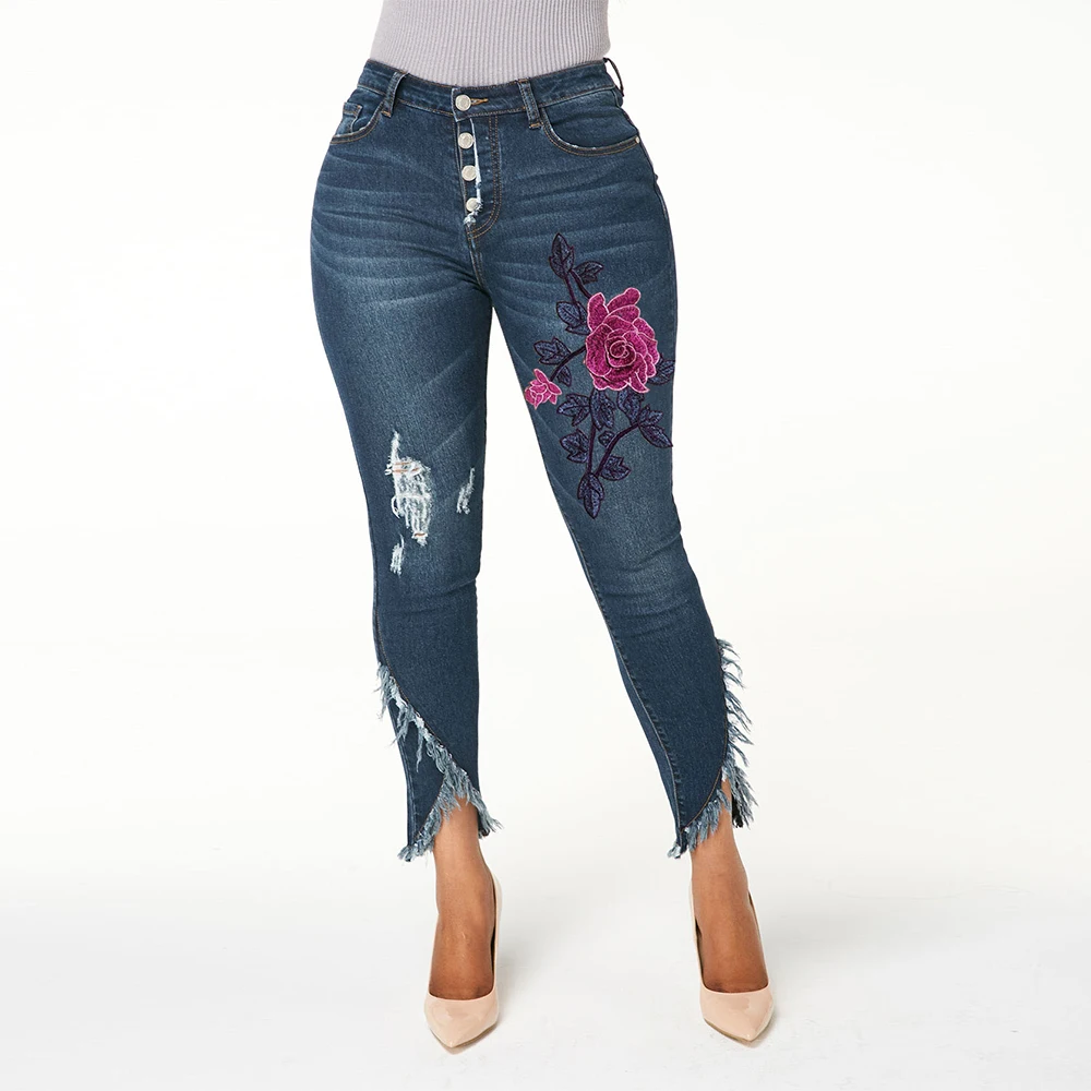 

Spring New Women's Jeans Contrast Floral Embroidered Jeans Casual High Waist Hole Skinny Denim Pants Pencil Pants D30