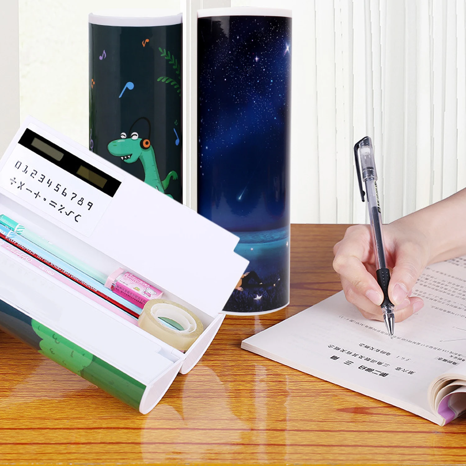 

Kawaii Pen Pencil Case Box with Large Capacity School Stationery with Mirror Solar Calculator Whiteboard for Boys Students Kids