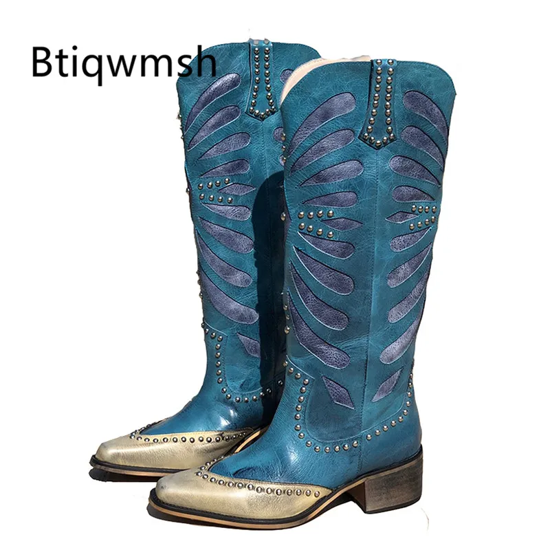 2019 Retro Knee High Boots Women Pointed Toe Cow Embroidery Flower Square Heel Ladies Fashion Cowboy Western | Обувь