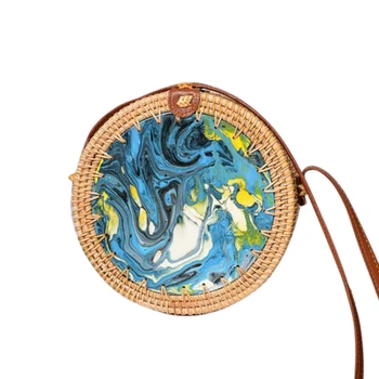 

Hand-Woven Round Rattan Bag Shoulder Leather Strap Natural Chic Hand Shell