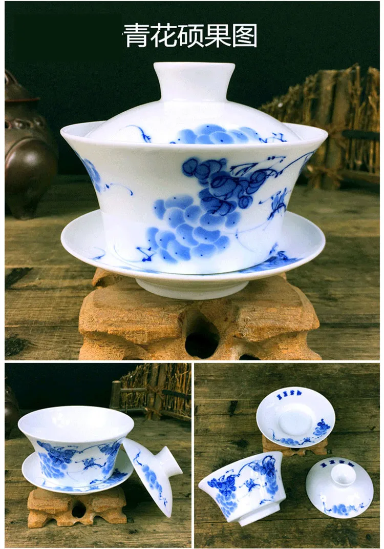 Фарфоровая чаша Gaiwan Jingdezhen, 200 мл, покрытая синим и белым фарфором, миска Sancai, набор китайских чайных чашек и блюдца, чайная супница