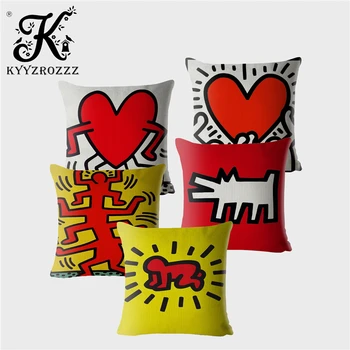 

Keith Haring Heart Graffiti Cushion Cover Beige Linen Pillowcase 45*45 Square Throw Pillows Covers Sofa Home Decor Pillow Case