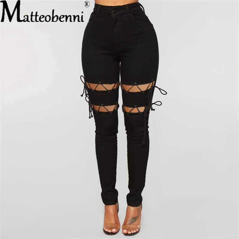 2021 New Fashion Women Solid Lace-Up Hollow Out Jeans Autumn Ladies Streetwear High Waist Skinny Denim Pencil Pants
