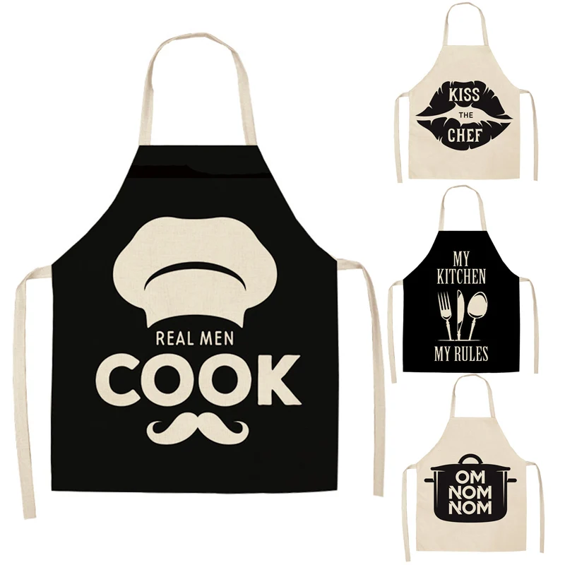 Kitchen Aprons Cleaning-Bibs Linen Black Home-Cooking Cotton Baking White Letter And
