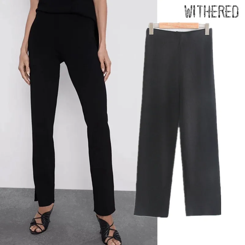 

Withered england office simple black leg Fork opening knitted pants women casual pantalones mujer pantalon femme trousers women