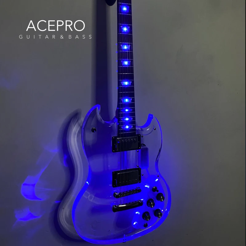 ACEPRO-青いLEDライト付きエレキギター,アクリルボディ,透明シャイトガード,クロームハードウェア,高品質