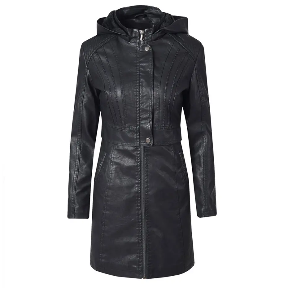 Hoodie Thick Fleece Long Leather Jacket Women's Winter Coat Warm Moto Outwear jaquetas couro veste cuir femme chaqueta mujer - Цвет: black
