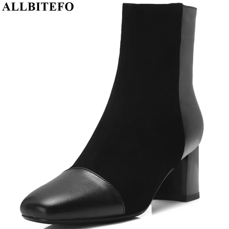 

ALLBITEFO Two kinds of genuine leather Square toe women boots Autumn Winter ankle boots comfortable breathable fashion boots