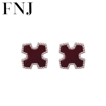 

FNJ Clover Earrings 925 Silver Jewelry Original Pure S925 Sterling Silver Stud Earring for Women Green malachite Black Red agate