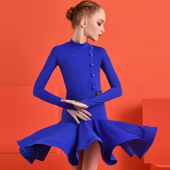 

Latin Dance Competition Clothing Children'S Girls Stitching Buttons Long Sleeves Performing High-Necked Two-Piece Suit DWY3160