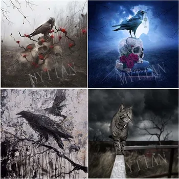 

full square/round diamond 5D diy paintings crow & cat In Night embroidery pattern Gothic art cross stitch mosaic home decor gift