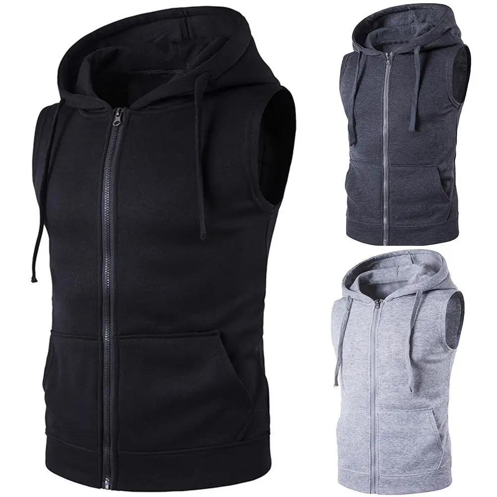 Мужской модный однотонный жилет куртка на молнии с карманами без рукавов