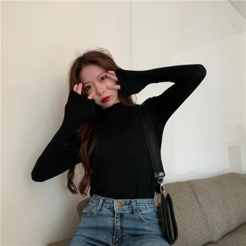 

PX2643 T-shirt women's autumn and winter long-sleeved 2020 new Korean version of slim and thin half high collar