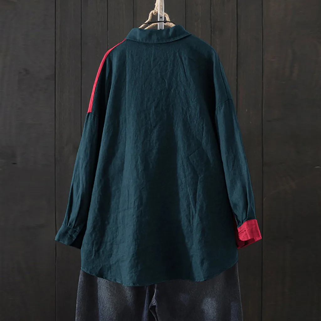 Женские рубашки, верхняя одежда, Camiseta Mujer, Повседневная Лоскутная рубашка, Solapa, большой манга, длинный рукав, на пуговицах, размера плюс, feminino, рубашка, Топ