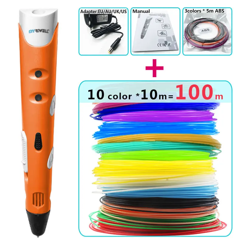 Myriwel 3d ручки+ 10*10 м ABS нити, 3 d Ручка 3d модель умный 3d принтер pen-3d волшебная ручка, детские подарки, ручка 3 d 1,75 мм ABS/PLA - Цвет: Orange pen