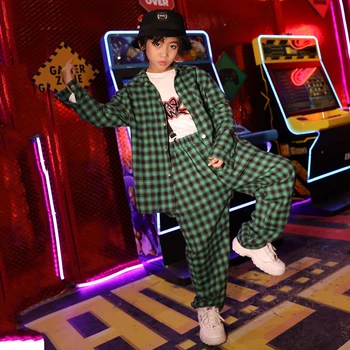 

Hip Hop Costumes Children Green Plaid Shirts Pants Suit Modern Dancing Outfit Street Dance Clothing Jazz Stage Wear DNV12591