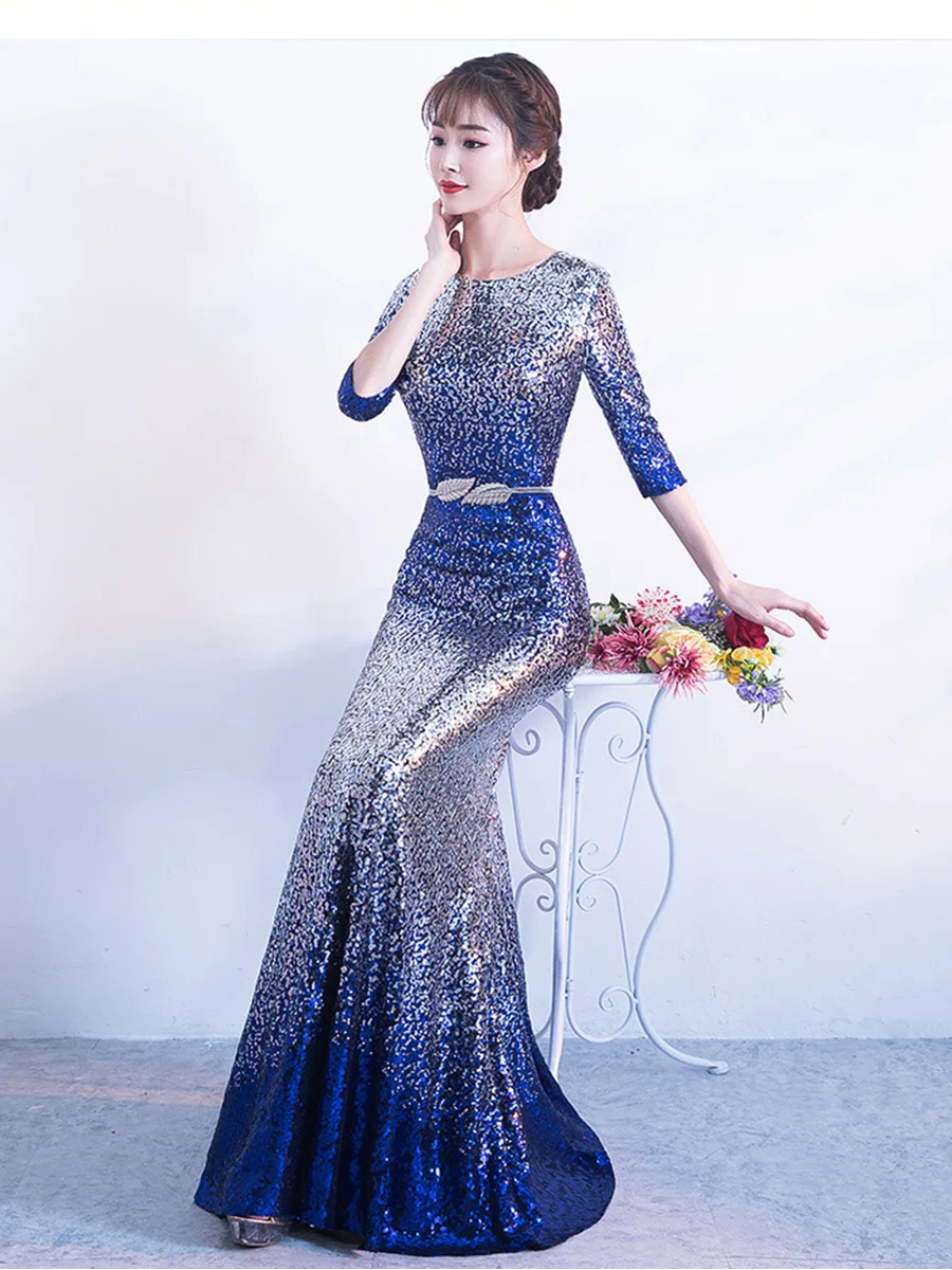 Evening Gown O-neck Half-sleeve Mermaid Evening Dress New Floor Length Elegant Robe De Soiree Bling Sequin Formal Gown F296