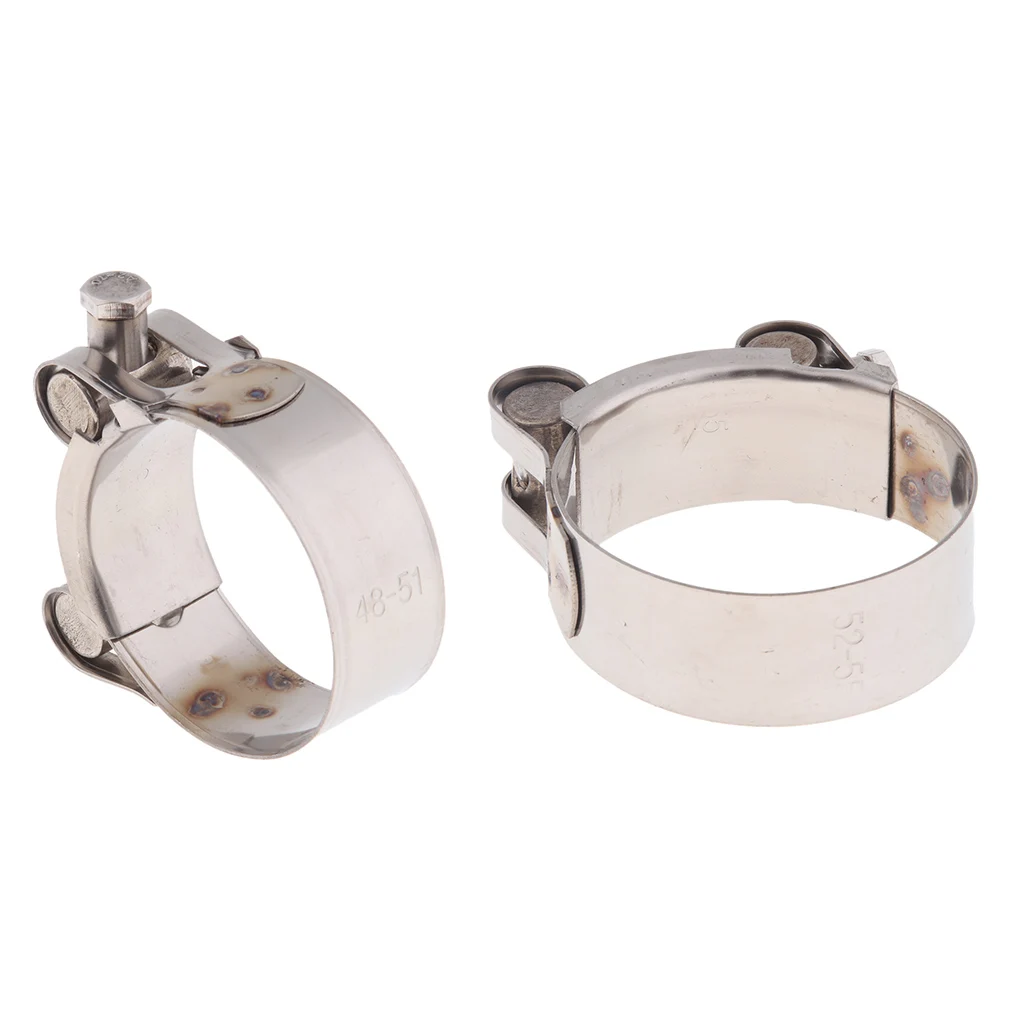 2x Motorcycle Exhaust Muffler Pipe Silencer Clamps Compatible with 48-51mm 1.9-2 inch & 52-55mm 2.0-2.15 inch Hoses