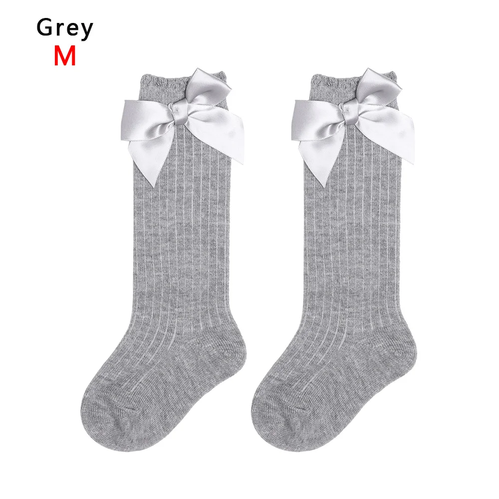 1 пара новых модных милых носков для маленьких девочек длинные кружевные Гольфы с большим бантом мягкие однотонные хлопковые детские носки - Цвет: Grey S