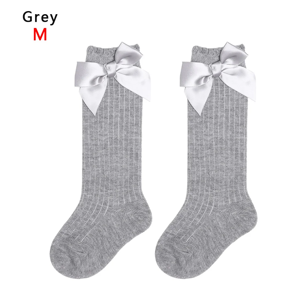Grey S 1 пара новых модных милых носков для маленьких девочек длинные кружевные Гольфы с большим бантом мягкие однотонные хлопковые детские носки - Цвет: Grey S