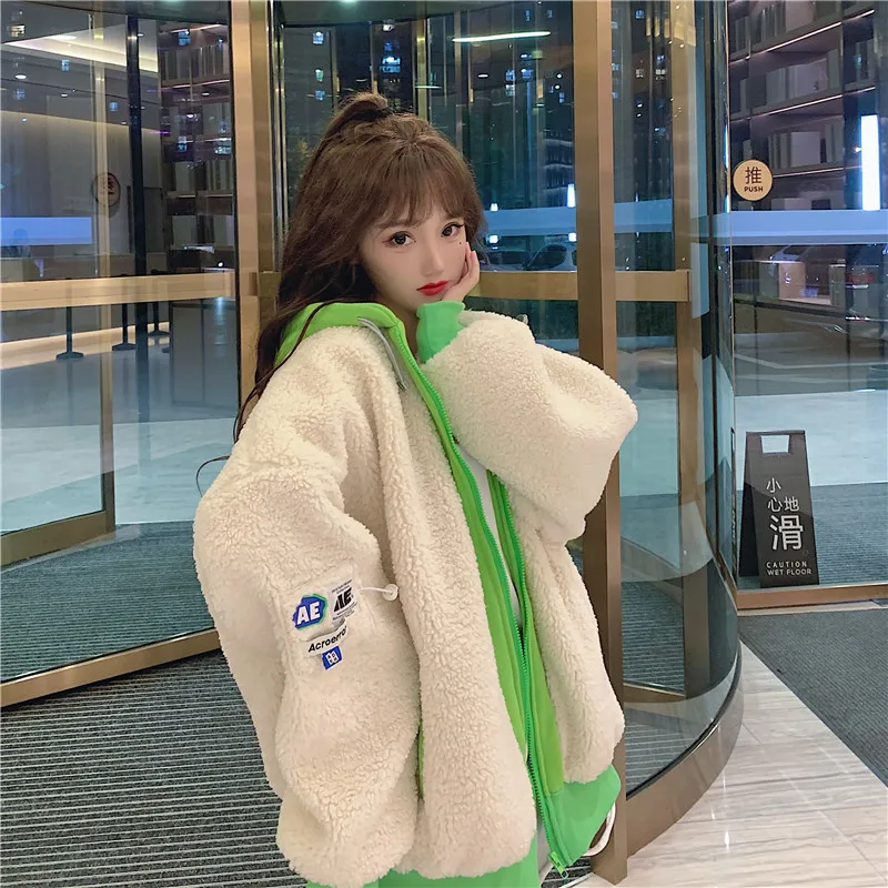 

Winter Thick Hooded Jacket Lamb Plush Stitching Cotton Jacket Casual Faux Fur Coat Female Loose Oversized Fur Fluffy Zipper Top