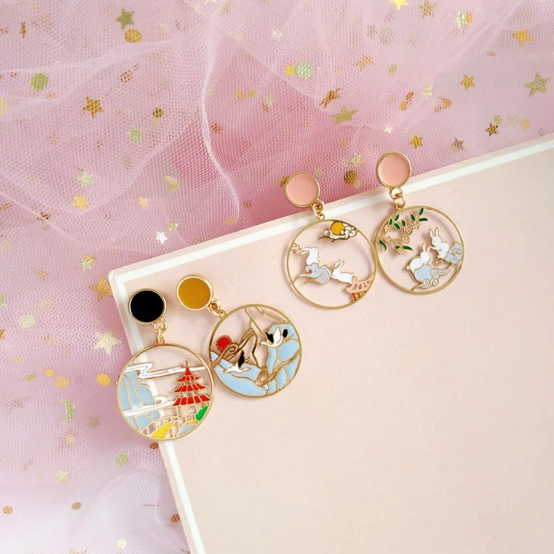 Japanese Heng Feng Clip On Earrings Asymmetrical Rabbit Crane Mountain Clip on Earrings Without Piercing for Girls Women