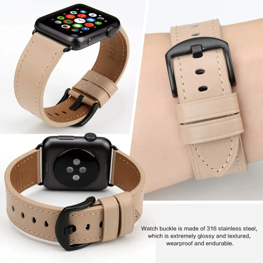 

MAIKES Cow Leather Strap For Apple Watch 6 SE 5 4 3 2 1 38mm 40mm Men Leather Watch Band For iwatch5 44mm 42mm Bracelet 2020 New