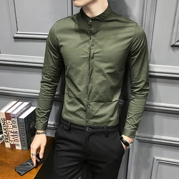

2020 Spring Men's Stand Long Sleeve Shirt Korean Casual Slim Fit Dress Shirts Streetwear Social Night Club Clothes Blouse Homme