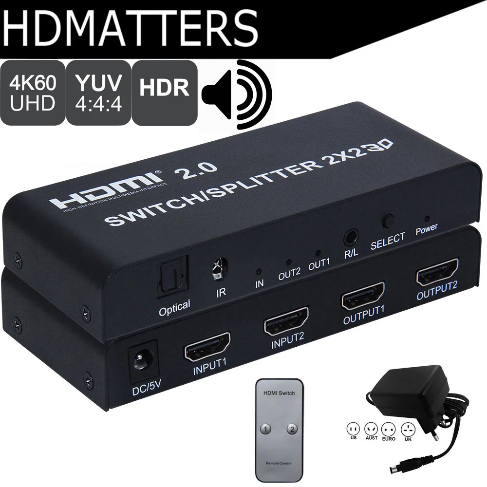 

HDMI 2.0 Switch Splitter with audio toslink&Aux 2X2 HDMI 2.0 Switcher Splitter box UHD 4K 60Hz HDR HDCP 2.2 for PS4 pro etc.