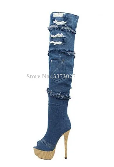 

Fashion Platform Blue Denim Long Boots Woman Broken Hole Stiletto Heels Over the Knee Jean Boots Lady Large Size Banquet Shoes