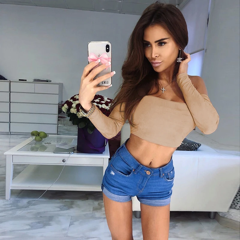HUAN BEAUTY сексуальный топ одежда для женщин однотонный без Плеч живот облегающий