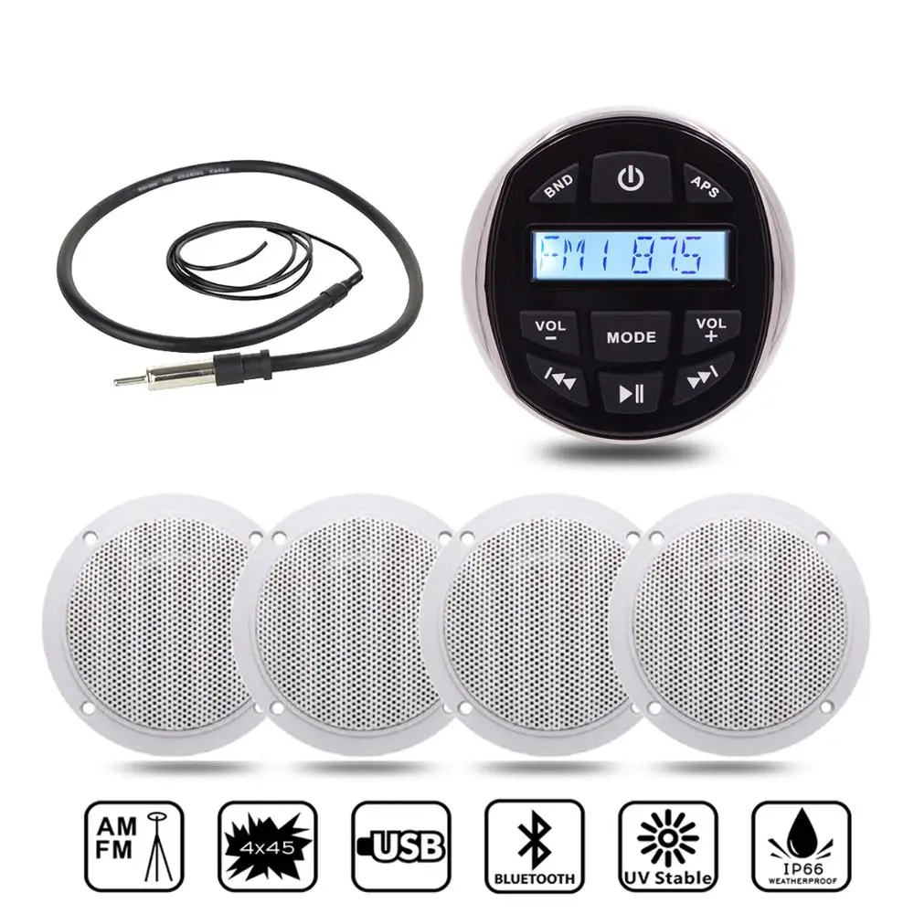 US $112.51 Waterproof Marine Radio Bluetooth Stereo Boat Audio System Receiver Car MP3 Player2Pair 4 Marine SpeakerFM AM Hidden Antenna