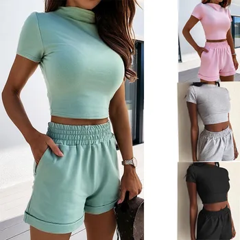 

Sexy Turtleneck Two-piece Women Shorts Set Casual Short Sleeve Womens Tracksuit Tight Female Suits Summer Sport Suit