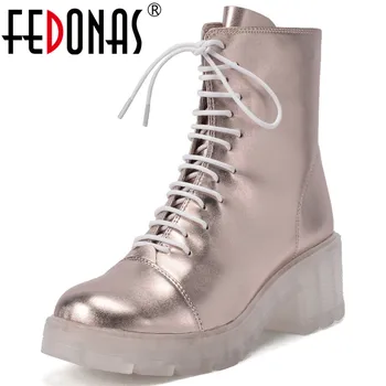 

FEDONAS Sweet Fashion Platform Genuine Leather Motorcycle Boots Cross Tied Chunky Heels Shoes Woman Winter Wedding Party Pumps
