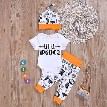 

Newborn Boy Girl Little Brother cute animal printed romper + pant + Hat 3PC Outfits for Baby 0-18M