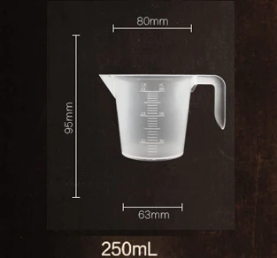 250ml Пластиковые мерные стаканчики с ручкой для полива носика поверхность кухонная лаборатория мерный стакан весы прозрачный инструмент для приготовления пищи 7 размеров - Цвет: 250ml