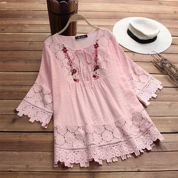 

WEPBEL Women T Shirt T-shirt Top Plus Size Lace Floral O Neck Casual Fashion Loose S-5XL Solid Color Summer Spring New