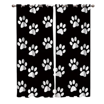 

Black White Pets Footprints Curtains Window Living Room Curtains Kitchen Indoor Window High Blackout Curtain