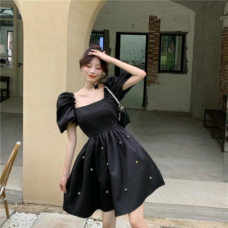 

YUZACDWX 2020 Summer Dress Fashion Sweet Girl Floral Vintage Square Collar Slim Puff Sleeves High Waist Style Dress Kawaii