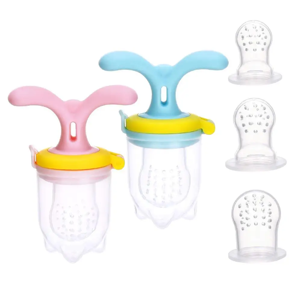 

Burabi Baby Food Fruit Feeder Pacifier Soft Silicone with 3 Size Nipples for Infant Kids Todders Teething 2-Pack Pink & Blue